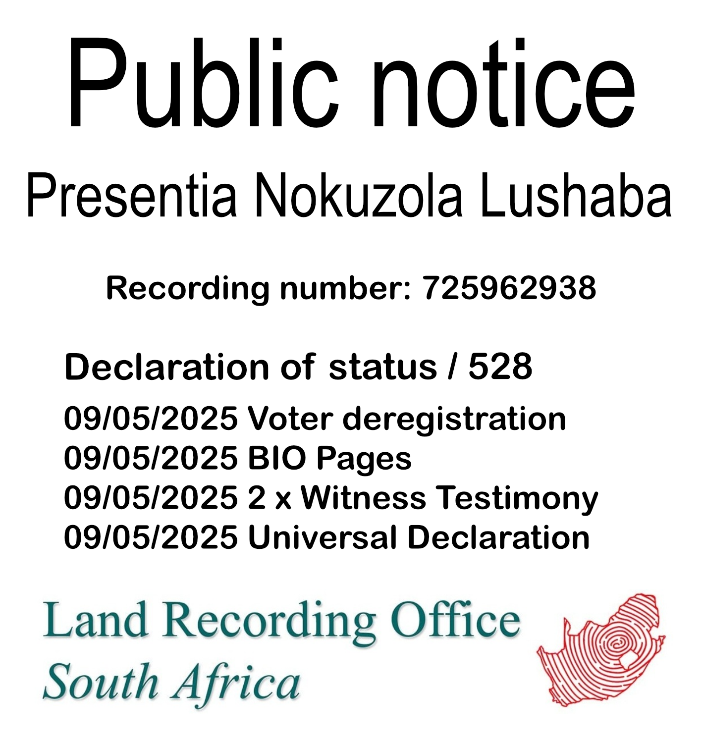 Public Notice Presentia Nokuzola Lushaba (c) Recording number 725962938